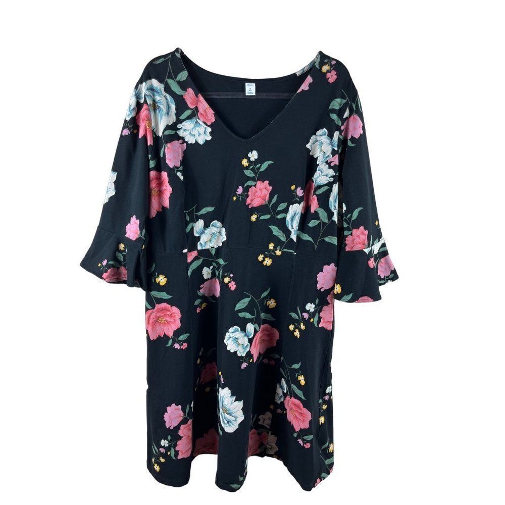 Old Navy Plus Fit & Flare 3/4 Bell Sleeve Jersey Floral Dress Black Size 2X